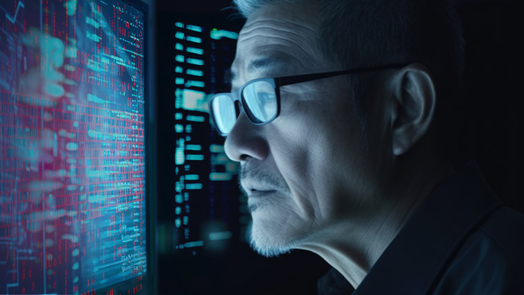 Two doctors looking at brain scans on desktop computers.